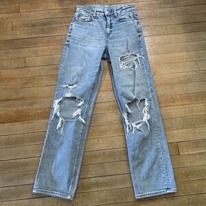 American Eagle Jeans Women's 0 Curvy 90s Straight Distressed Stretch Denim Blue